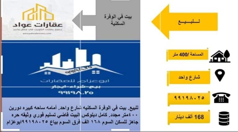 للبيع. بيت في الوفرة السكنيه شارع واحد